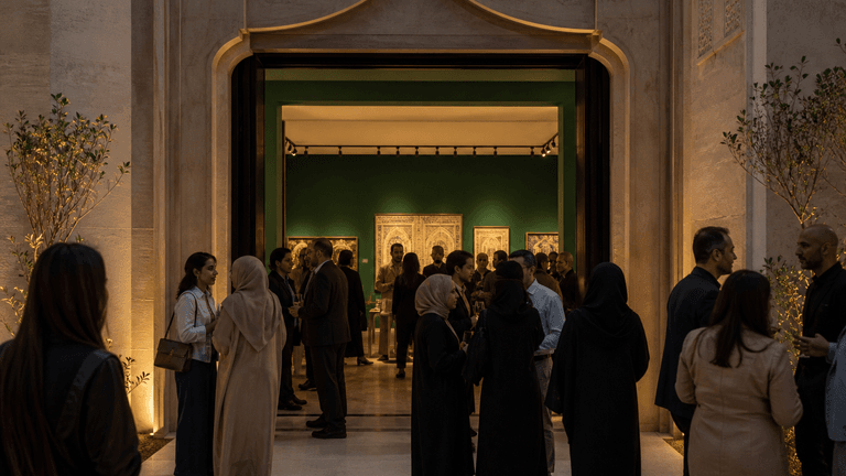 افتتاح معرض في بهو متحف بإضاءة مسائية دافئة